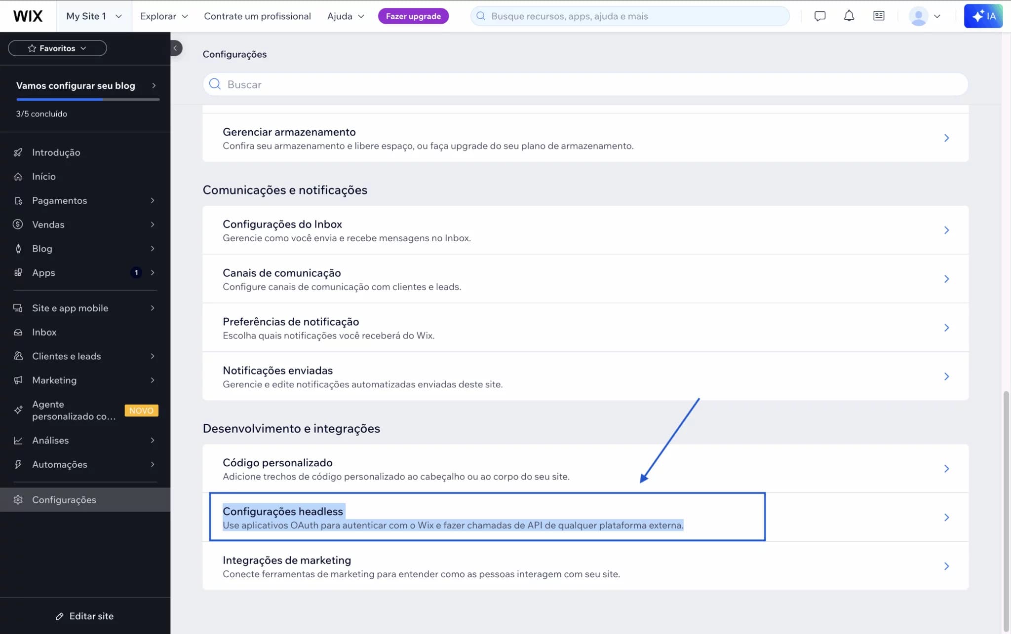 Seção de Configurações headless no Wix