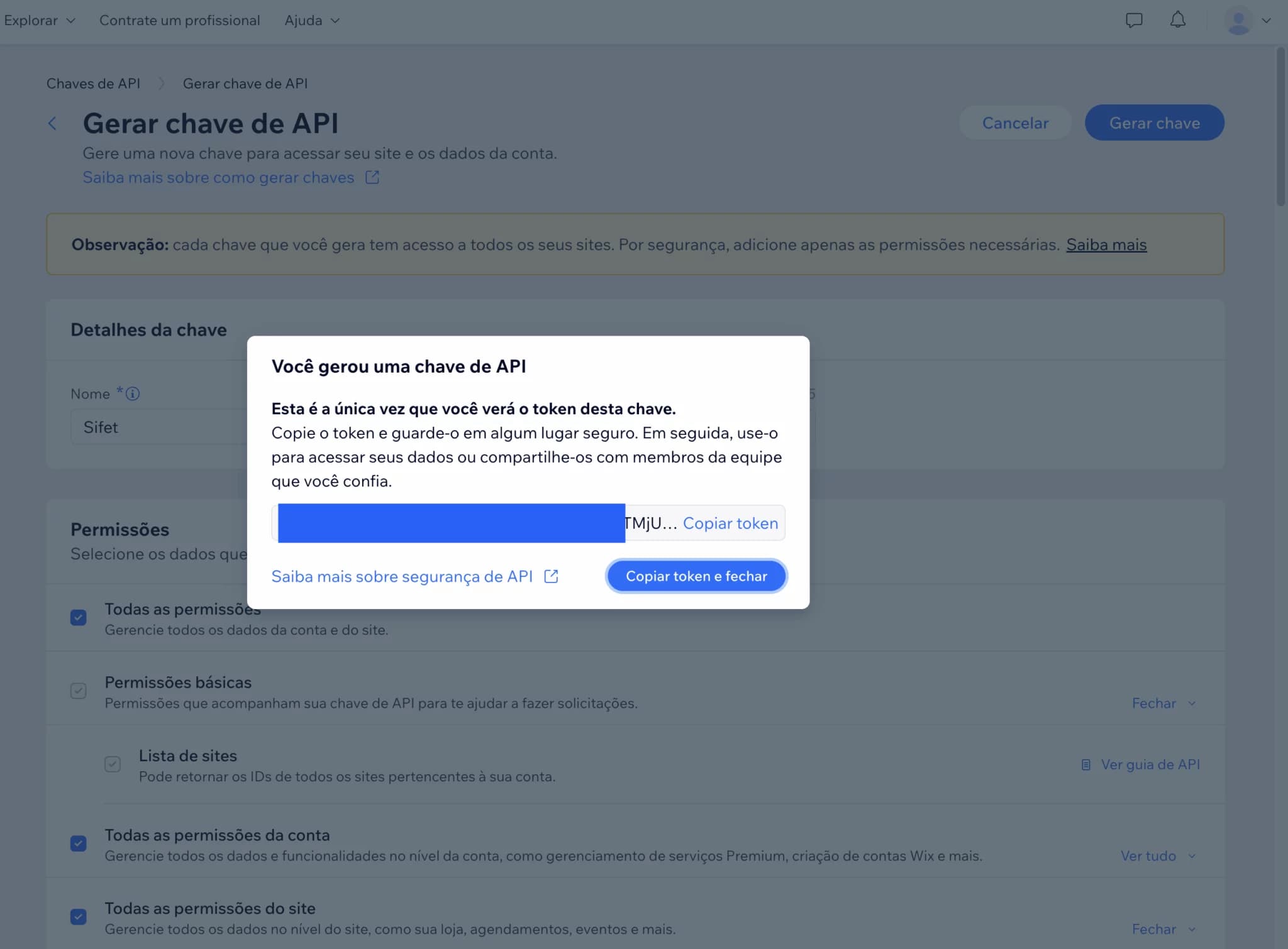Copiando o Token gerado