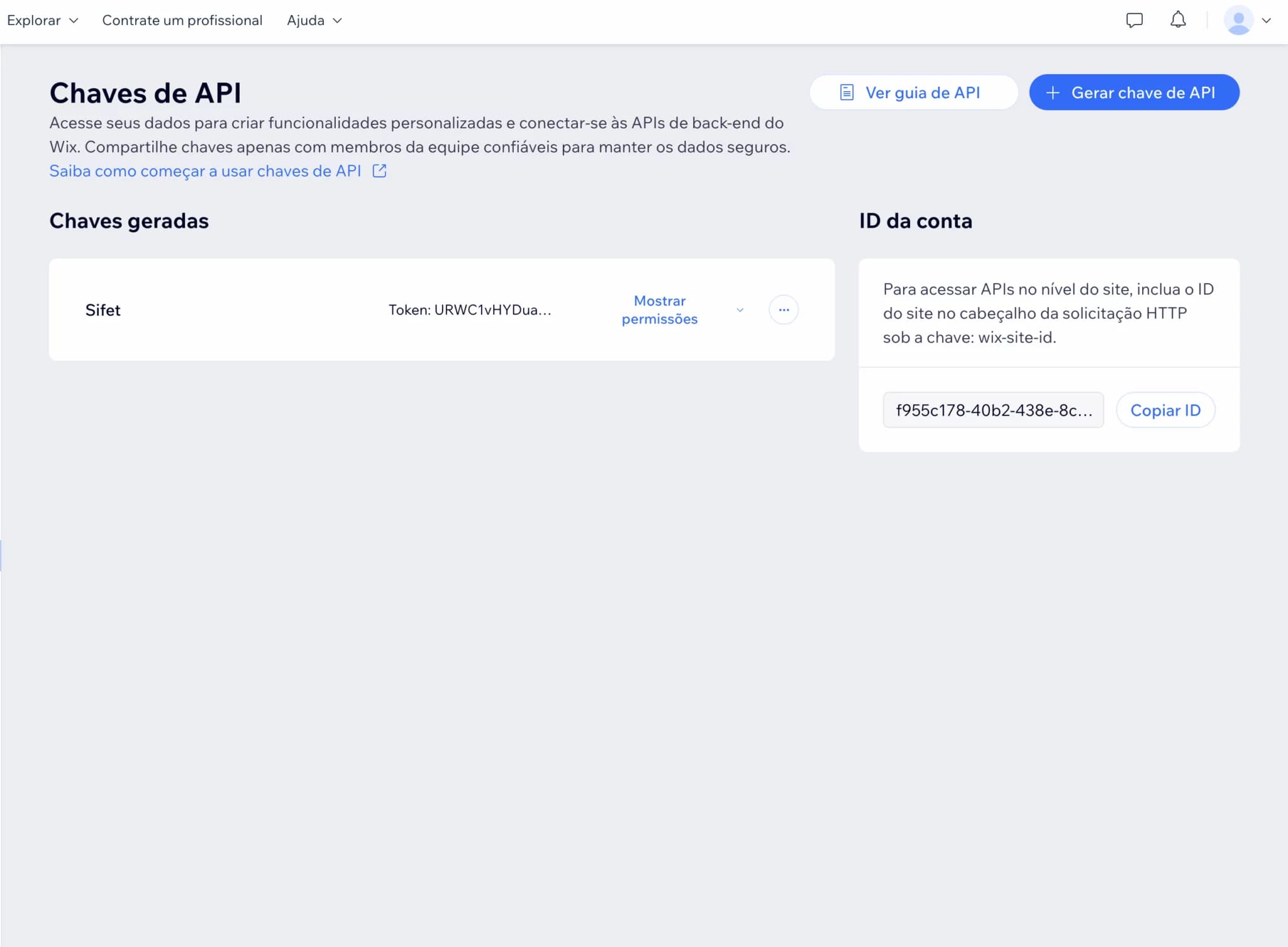 Local para copiar o ID da conta Wix