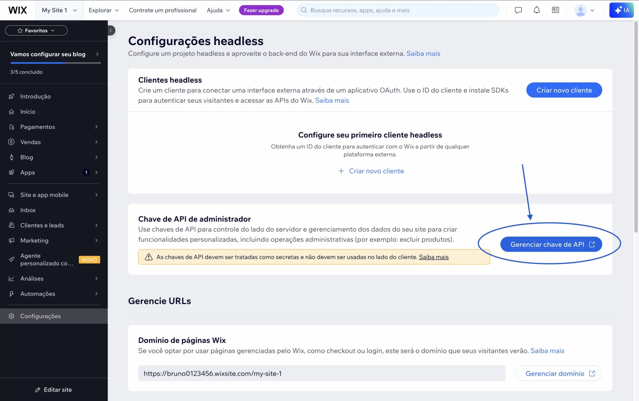 Botão Gerenciar chave de API