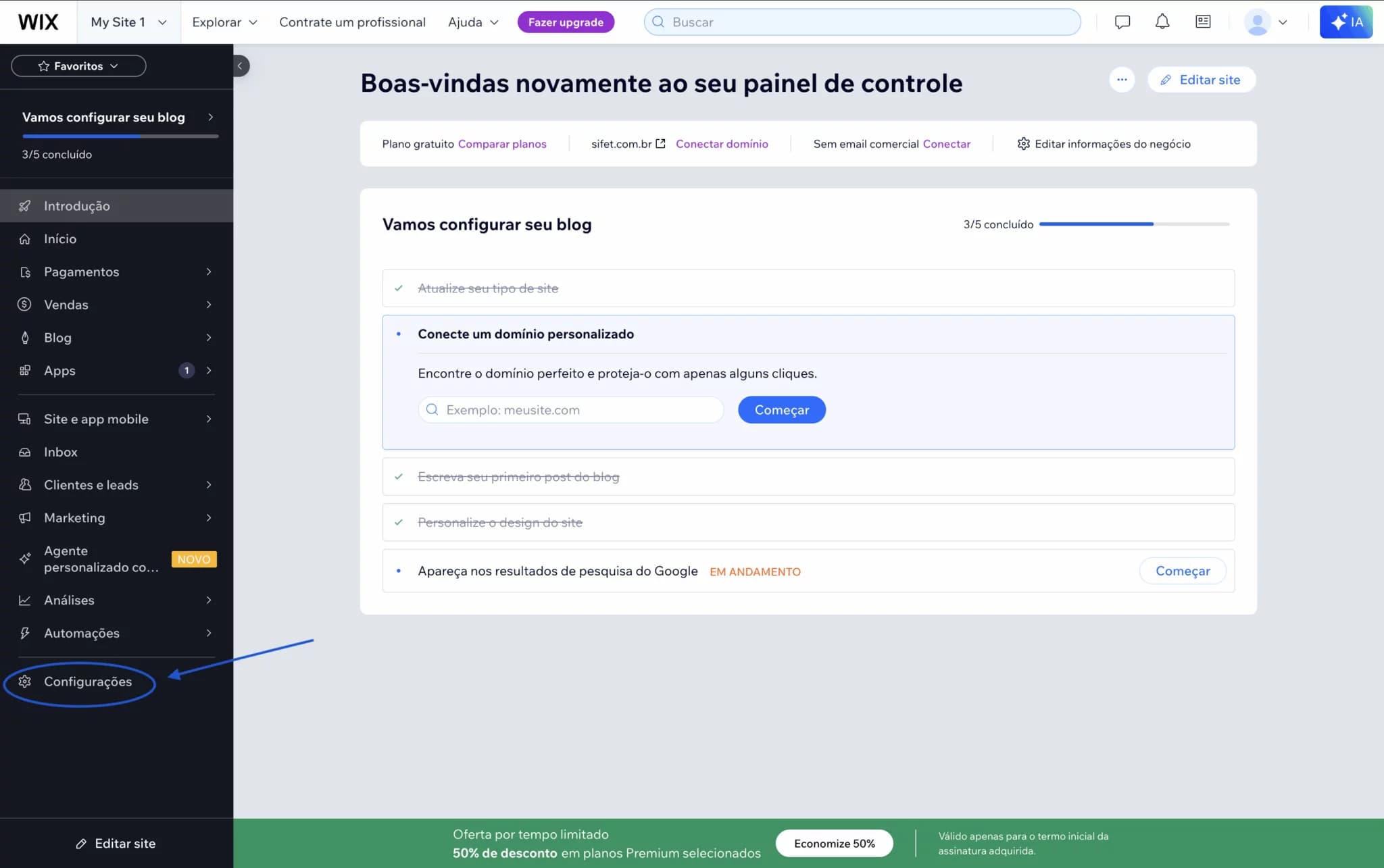Painel do Wix mostrando a opção configurações na barra lateral