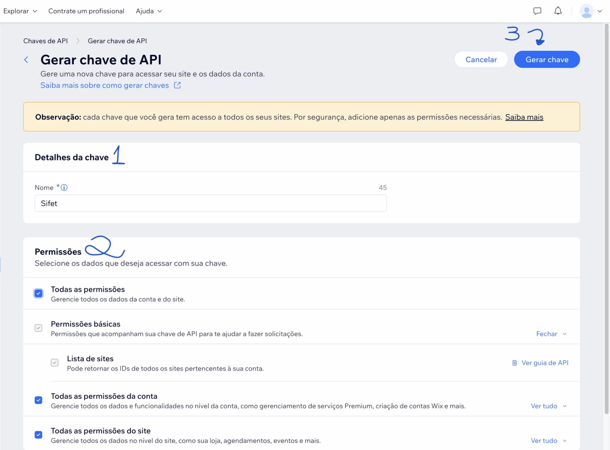 Nomeando e selecionando permissões da API